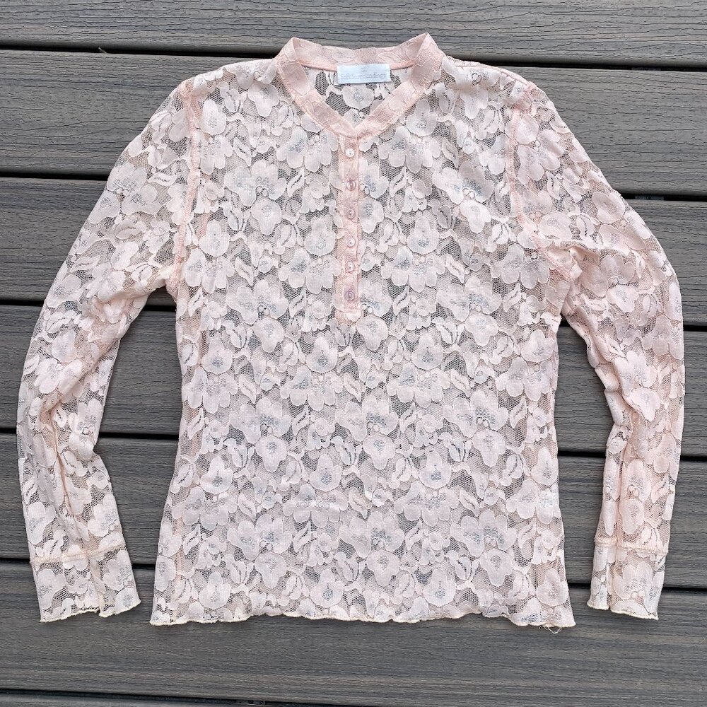 Soft Surroundings Floral Lace Sheer Mesh Henley Top Pink Coquette Fairy Layer-L